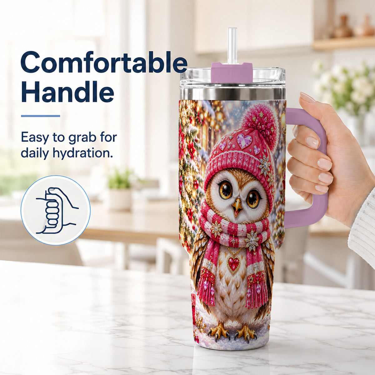 #pl[40oz|Pink] Jeweled Owl 40oz Tumbler, Winter Owl Tumbler, Stainless Steel Travel Cup