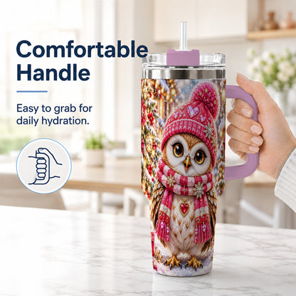#pl[40oz|Pink] Jeweled Owl 40oz Tumbler, Winter Owl Tumbler, Stainless Steel Travel Cup