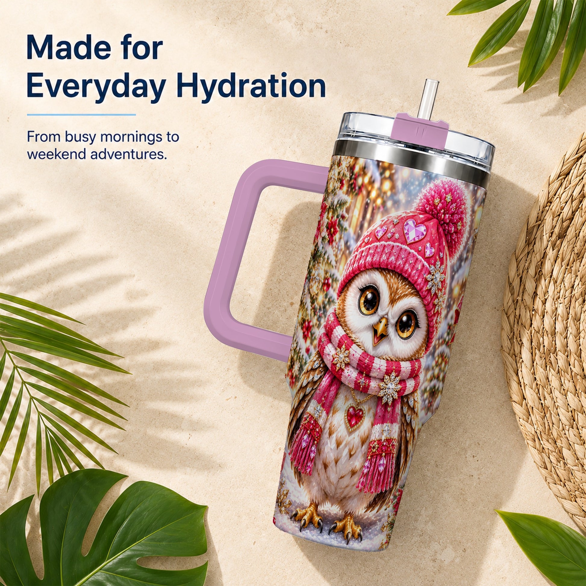 #pl[40oz|Pink] Jeweled Owl 40oz Tumbler, Winter Owl Tumbler, Stainless Steel Travel Cup