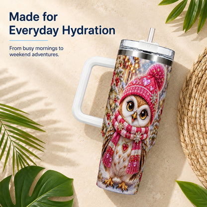 #pl[40oz|White] Jeweled Owl 40oz Tumbler, Winter Owl Tumbler, Stainless Steel Travel Cup