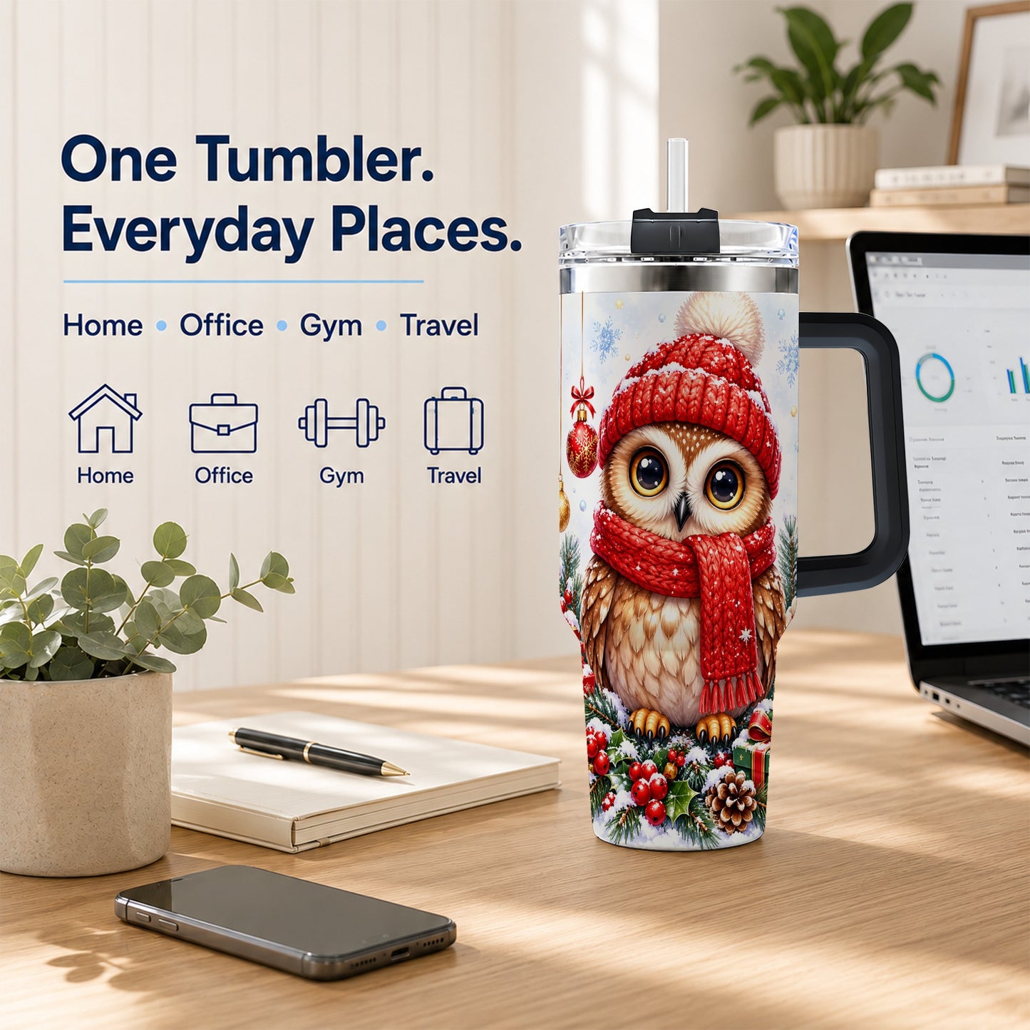 #pl[40oz|Black] Christmas Owl Tumbler 40oz, Winter Owl Tumbler, Stainless Steel Travel Cup