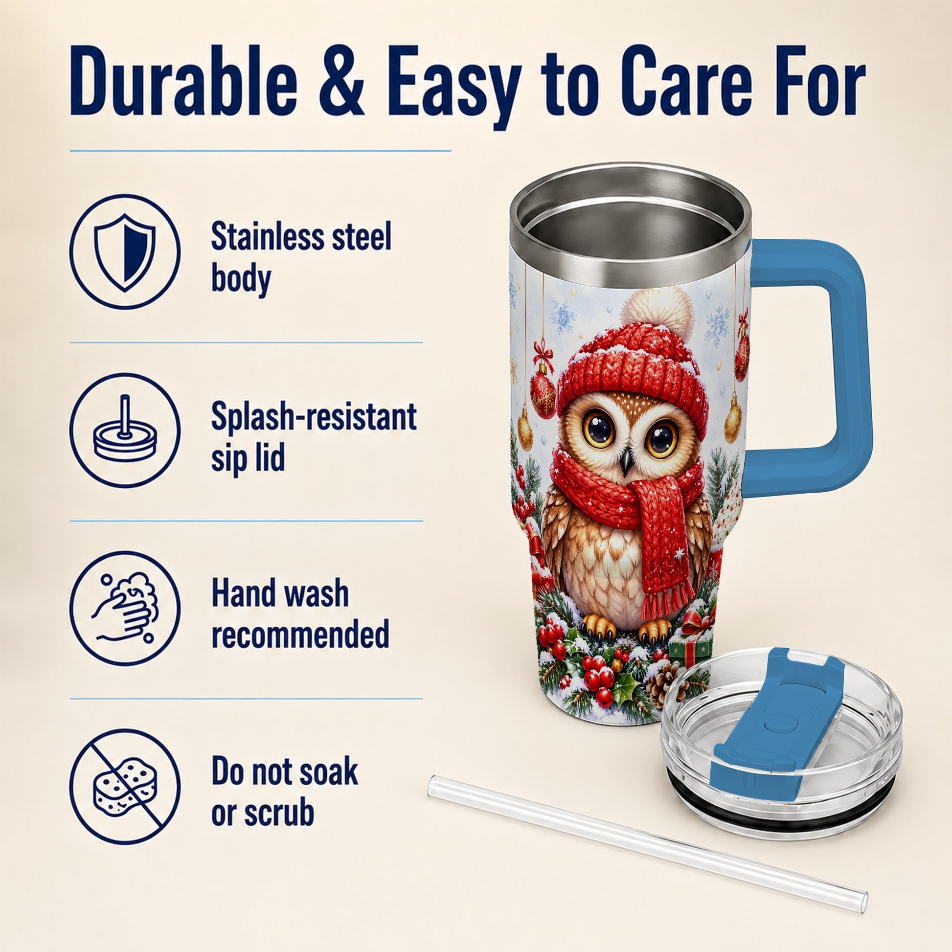 #pl[40oz|Blue] Christmas Owl Tumbler 40oz, Winter Owl Tumbler, Stainless Steel Travel Cup