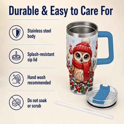 #pl[40oz|Blue] Christmas Owl Tumbler 40oz, Winter Owl Tumbler, Stainless Steel Travel Cup