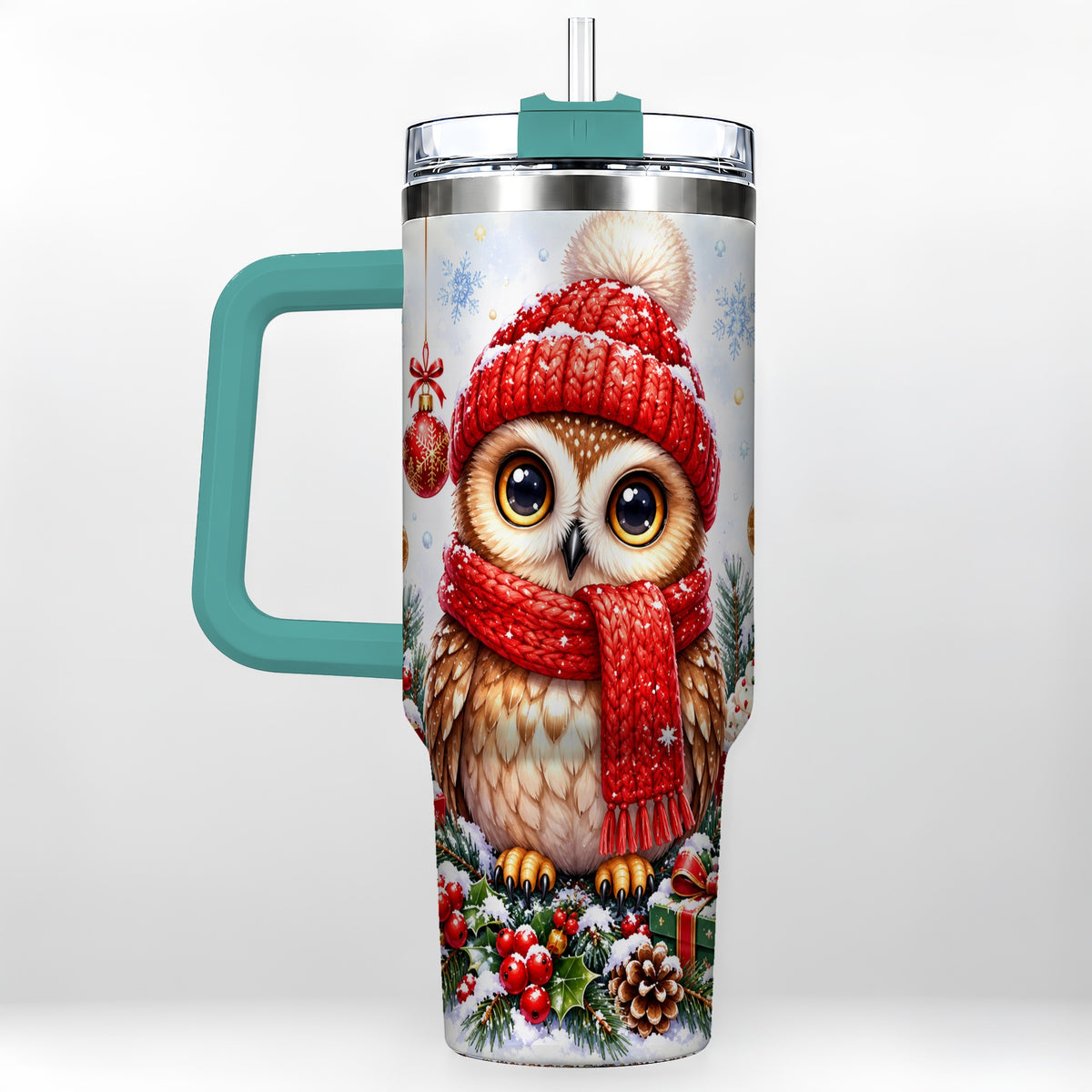 #pl[40oz|Green] Christmas Owl Tumbler 40oz, Winter Owl Tumbler, Stainless Steel Travel Cup