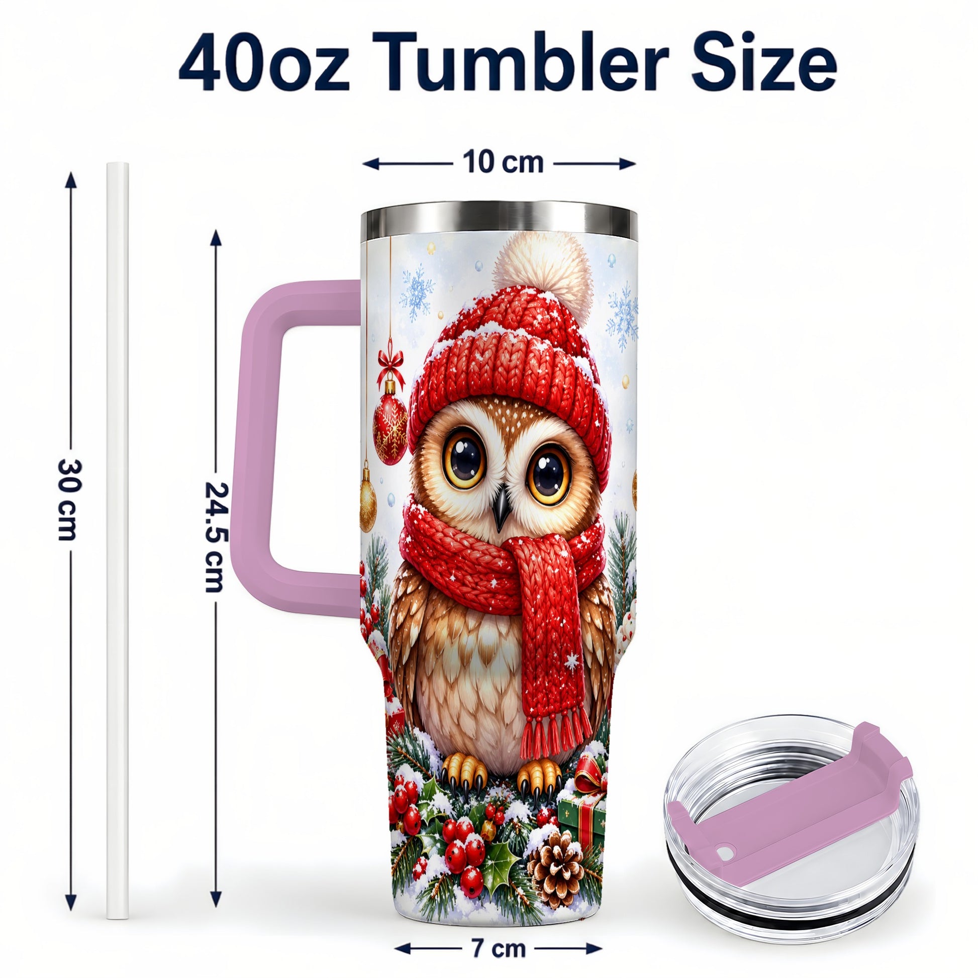 #pl[40oz|Pink] Christmas Owl Tumbler 40oz, Winter Owl Tumbler, Stainless Steel Travel Cup