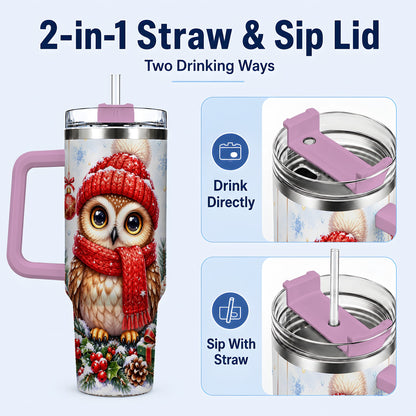 #pl[40oz|Pink] Christmas Owl Tumbler 40oz, Winter Owl Tumbler, Stainless Steel Travel Cup