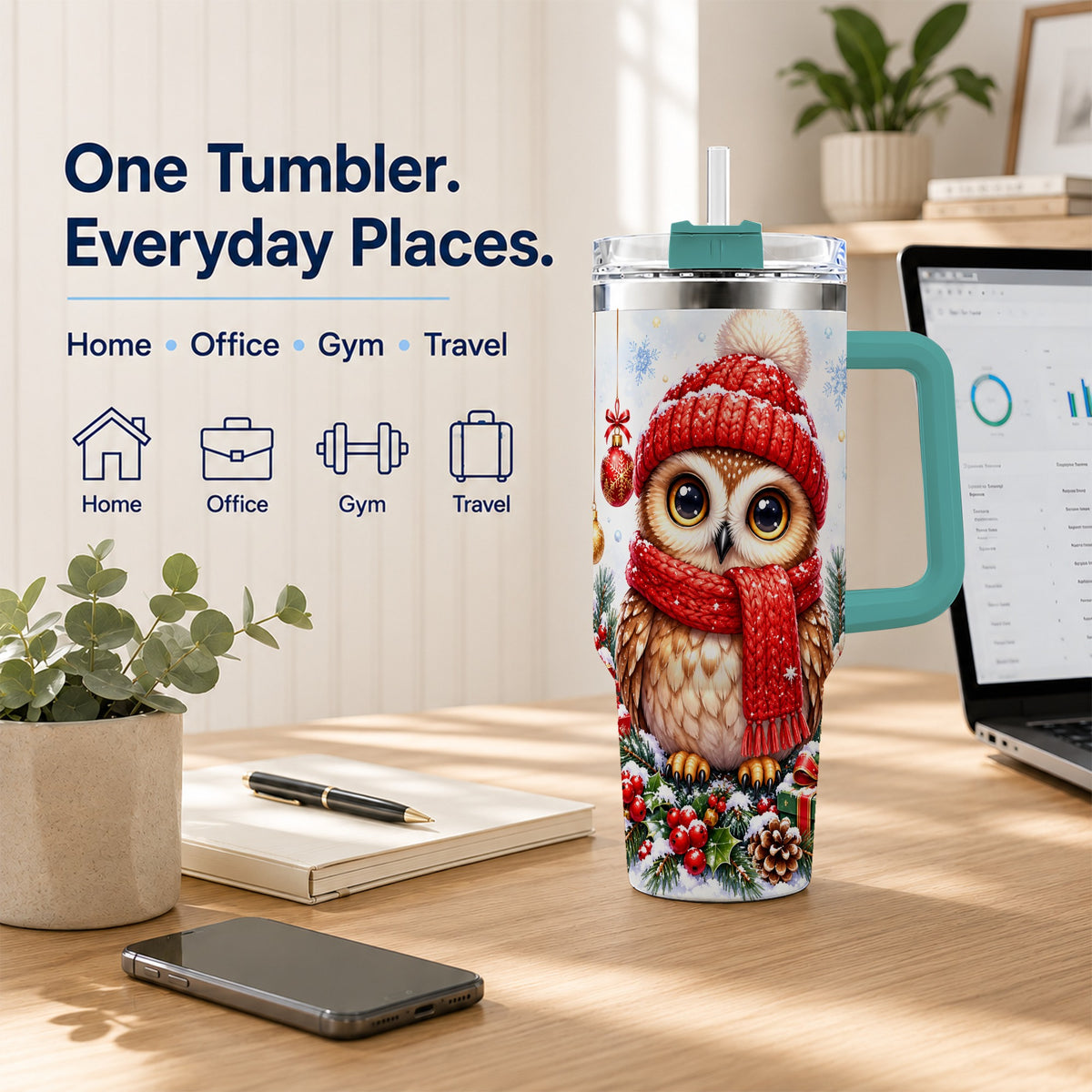#pl[40oz|Green] Christmas Owl Tumbler 40oz, Winter Owl Tumbler, Stainless Steel Travel Cup