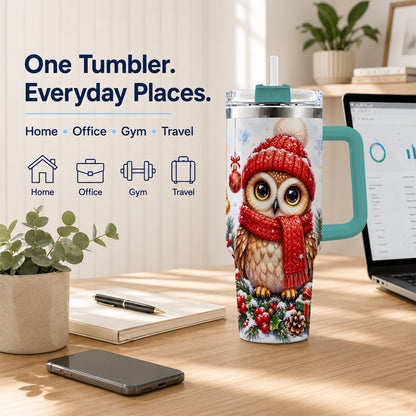 #pl[40oz|Green] Christmas Owl Tumbler 40oz, Winter Owl Tumbler, Stainless Steel Travel Cup