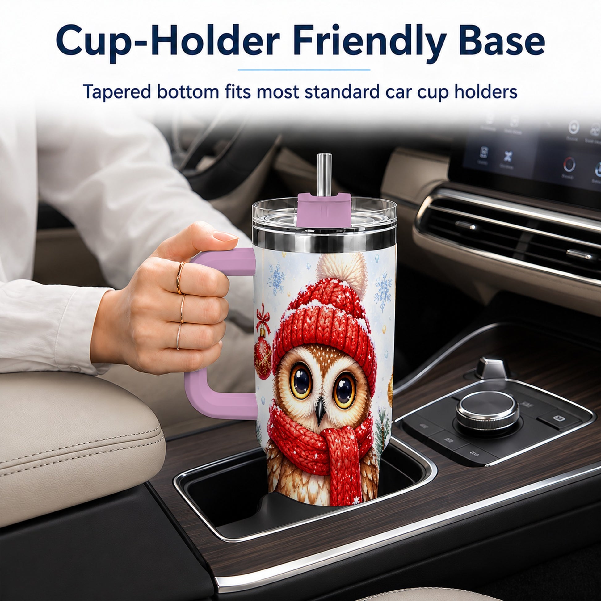 #pl[40oz|Pink] Christmas Owl Tumbler 40oz, Winter Owl Tumbler, Stainless Steel Travel Cup