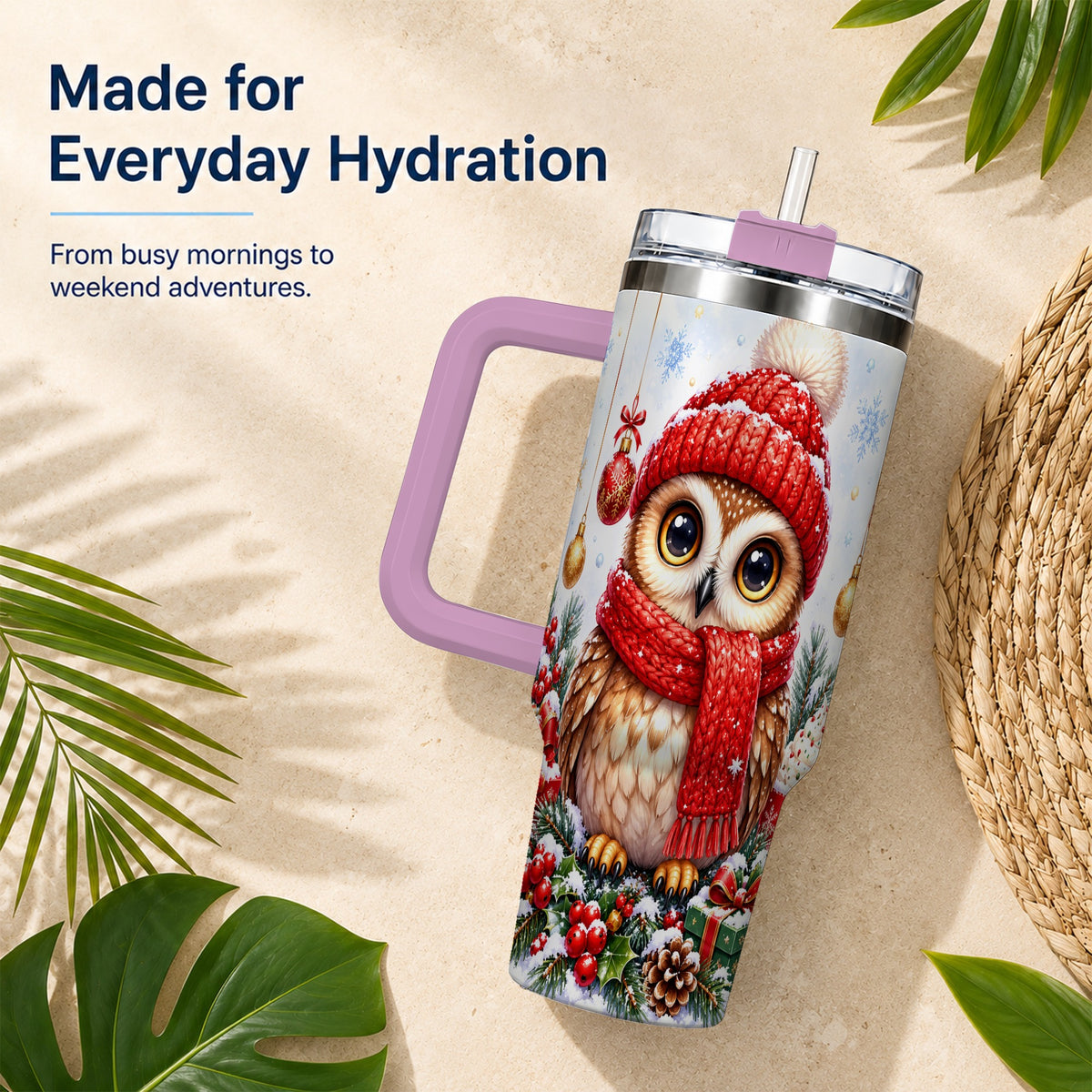 #pl[40oz|Pink] Christmas Owl Tumbler 40oz, Winter Owl Tumbler, Stainless Steel Travel Cup