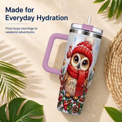 #pl[40oz|Pink] Christmas Owl Tumbler 40oz, Winter Owl Tumbler, Stainless Steel Travel Cup