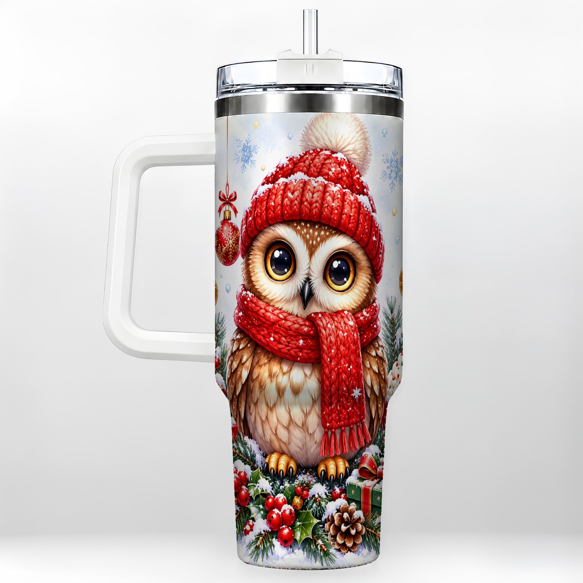 Christmas Owl Tumbler 40oz, Winter Owl Tumbler, Stainless Steel Travel Cup