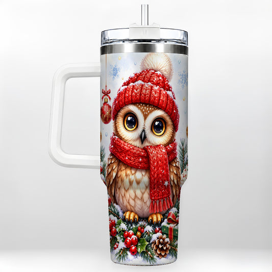 Christmas Owl Tumbler 40oz, Winter Owl Tumbler, Stainless Steel Travel Cup