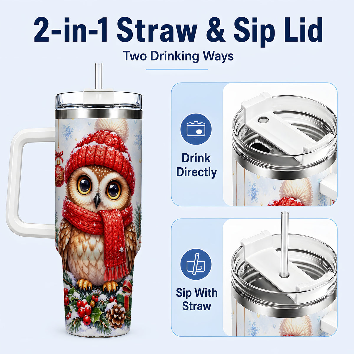 #pl[40oz|White] Christmas Owl Tumbler 40oz, Winter Owl Tumbler, Stainless Steel Travel Cup