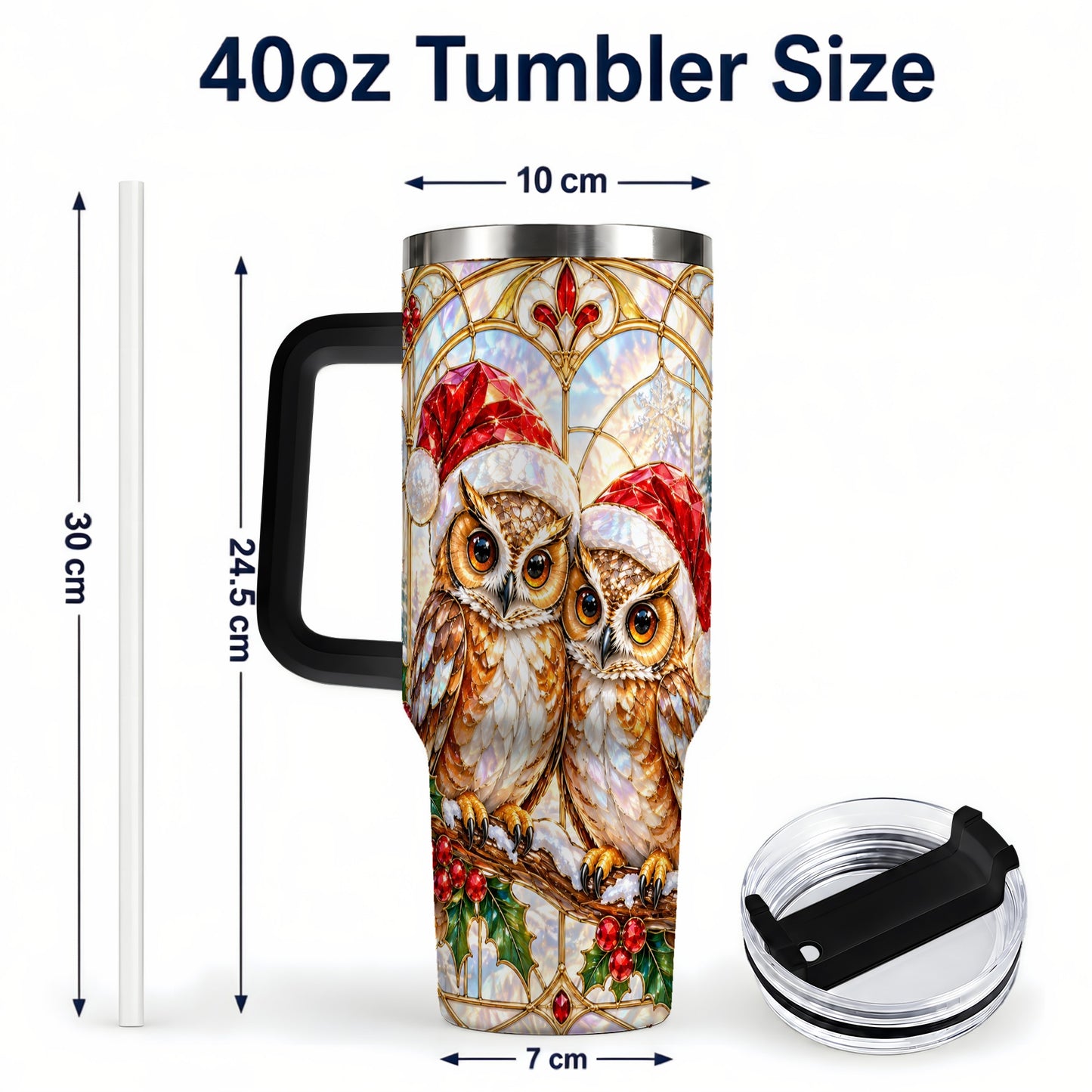 #pl[40oz|Black] Stained Glass Owl Tumbler 40oz, Owl Tumbler, Stainless Steel Travel Cup