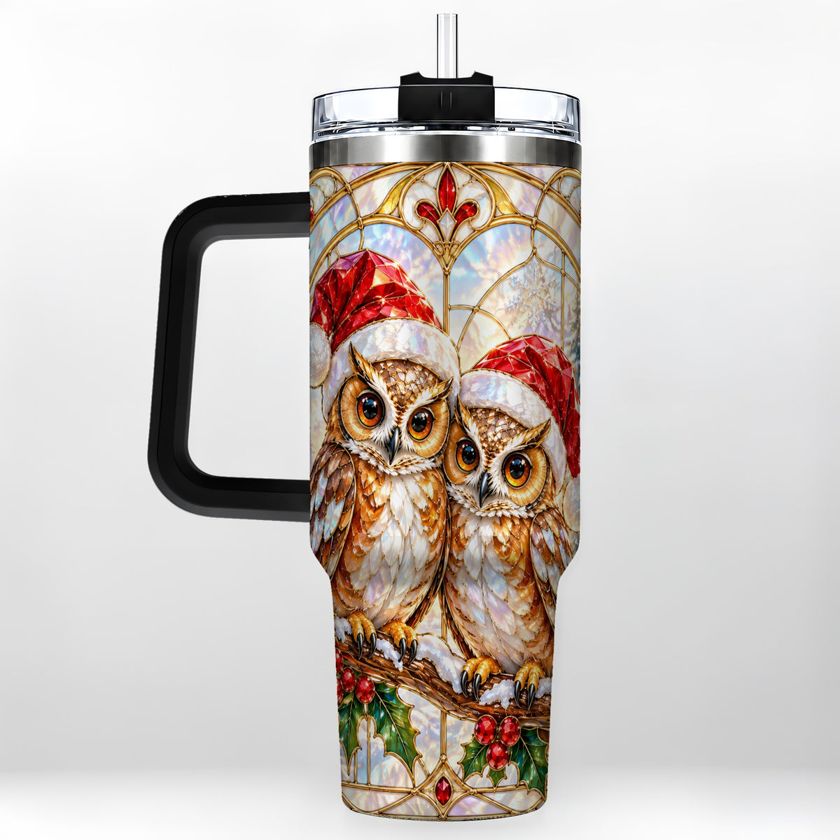 #pl[40oz|Black] Stained Glass Owl Tumbler 40oz, Owl Tumbler, Stainless Steel Travel Cup