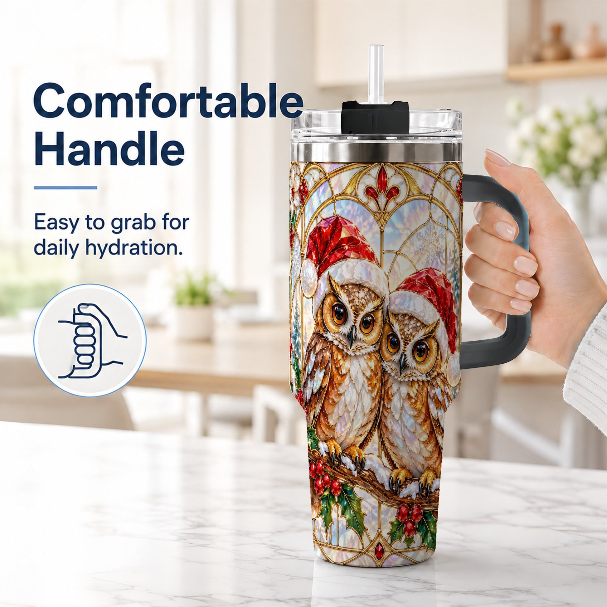 #pl[40oz|Black] Stained Glass Owl Tumbler 40oz, Owl Tumbler, Stainless Steel Travel Cup