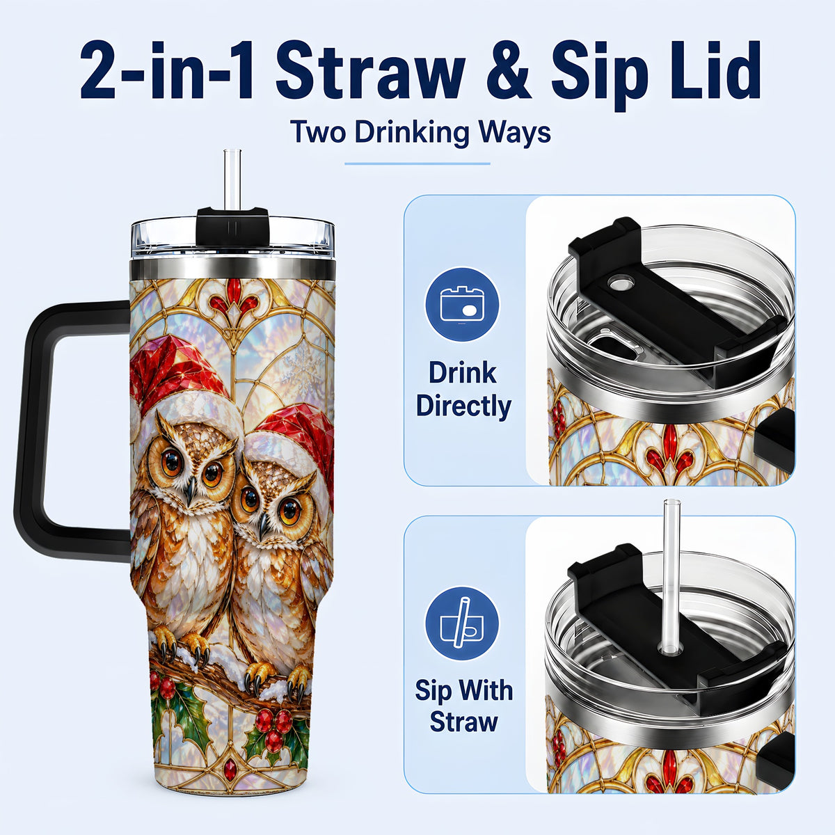 #pl[40oz|Black] Stained Glass Owl Tumbler 40oz, Owl Tumbler, Stainless Steel Travel Cup