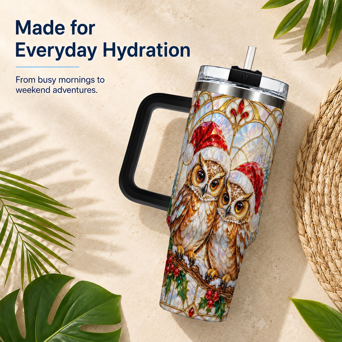 #pl[40oz|Black] Stained Glass Owl Tumbler 40oz, Owl Tumbler, Stainless Steel Travel Cup