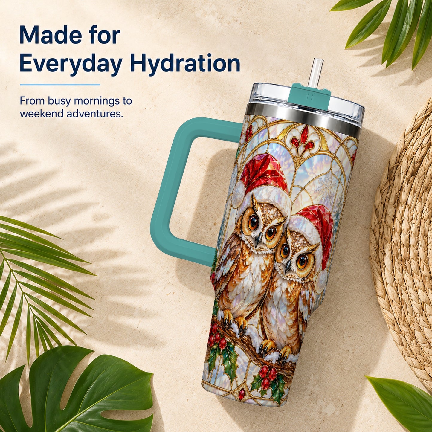 #pl[40oz|Green] Stained Glass Owl Tumbler 40oz, Owl Tumbler, Stainless Steel Travel Cup