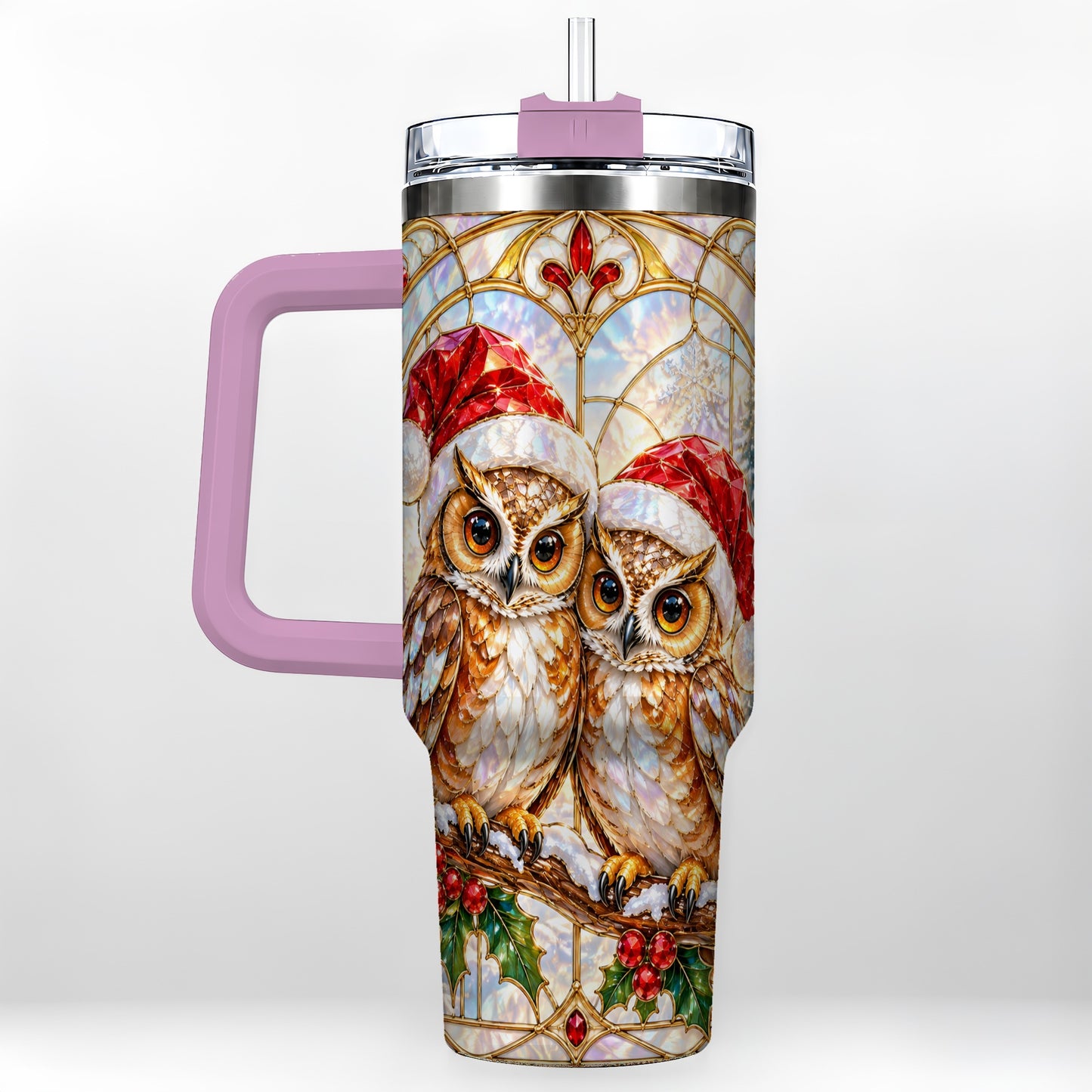 #pl[40oz|Pink] Stained Glass Owl Tumbler 40oz, Owl Tumbler, Stainless Steel Travel Cup