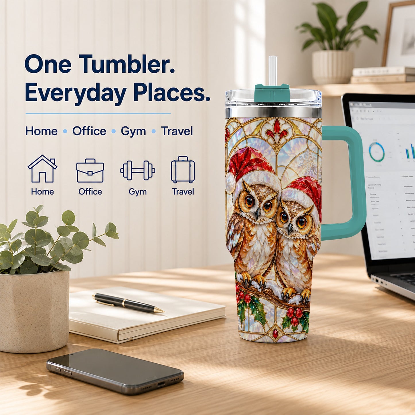 #pl[40oz|Green] Stained Glass Owl Tumbler 40oz, Owl Tumbler, Stainless Steel Travel Cup