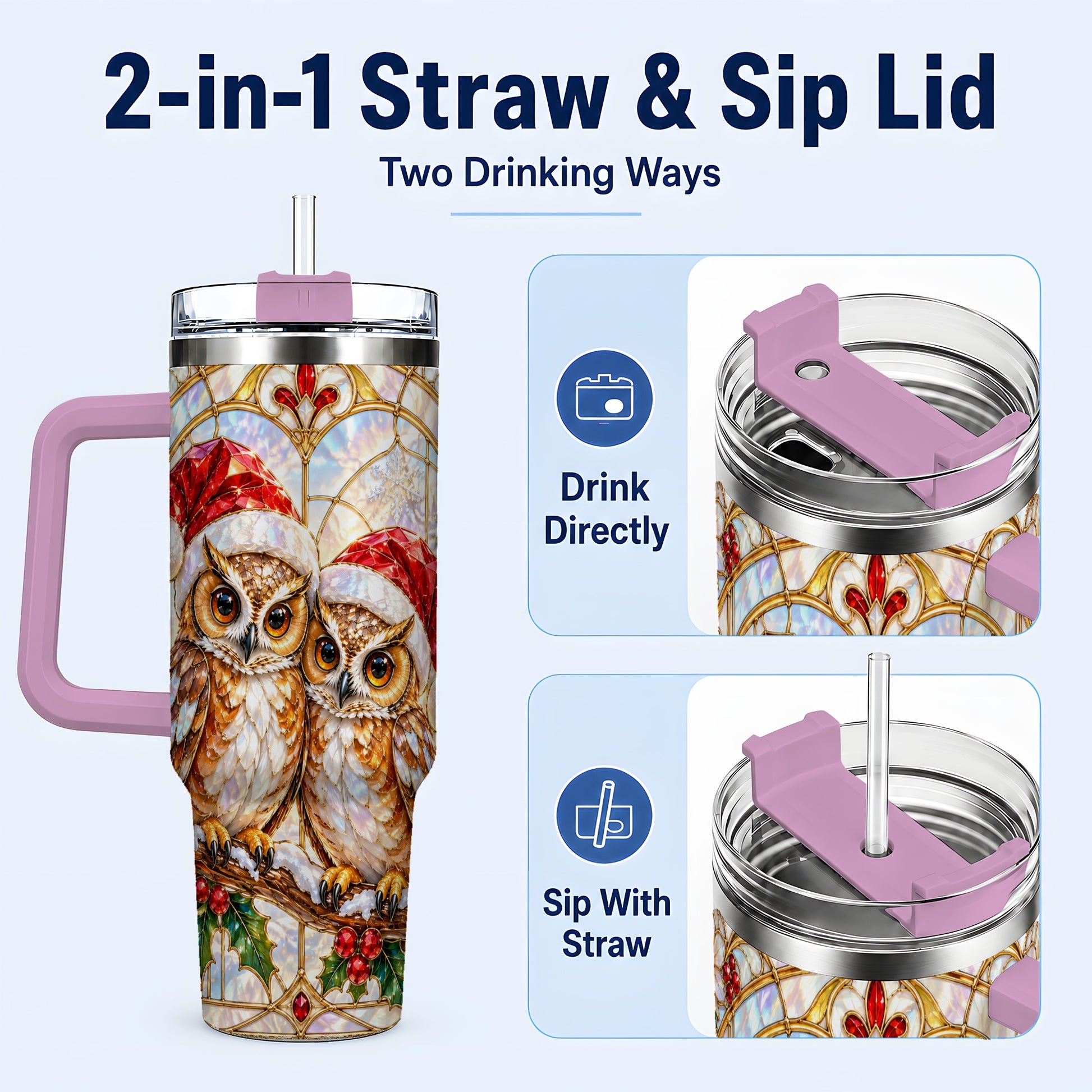 #pl[40oz|Pink] Stained Glass Owl Tumbler 40oz, Owl Tumbler, Stainless Steel Travel Cup