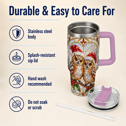 #pl[40oz|Pink] Stained Glass Owl Tumbler 40oz, Owl Tumbler, Stainless Steel Travel Cup