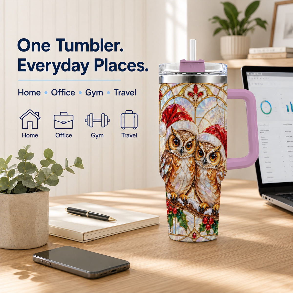 #pl[40oz|Pink] Stained Glass Owl Tumbler 40oz, Owl Tumbler, Stainless Steel Travel Cup