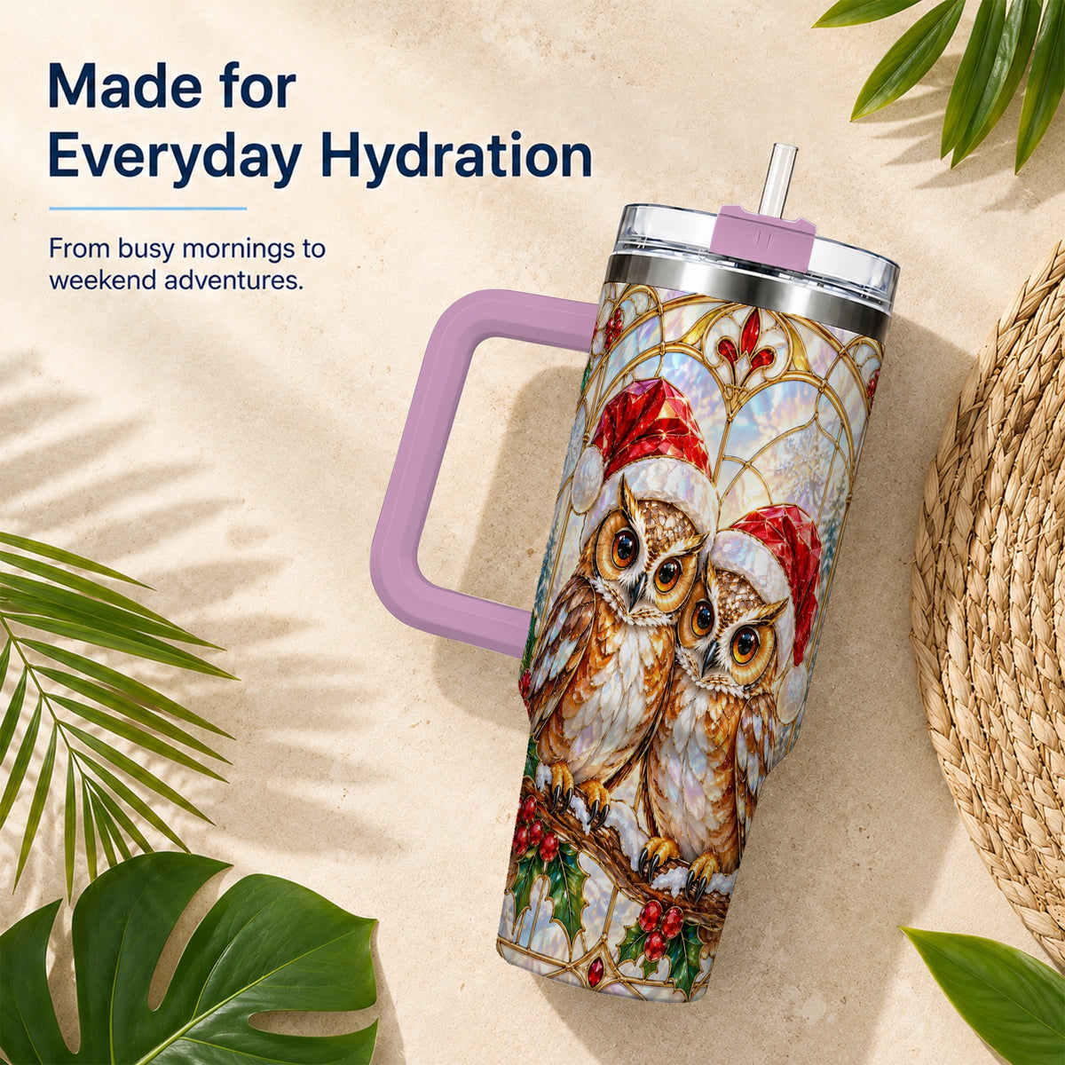 #pl[40oz|Pink] Stained Glass Owl Tumbler 40oz, Owl Tumbler, Stainless Steel Travel Cup