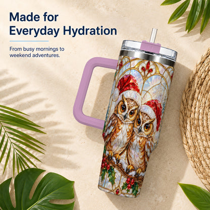 #pl[40oz|Pink] Stained Glass Owl Tumbler 40oz, Owl Tumbler, Stainless Steel Travel Cup