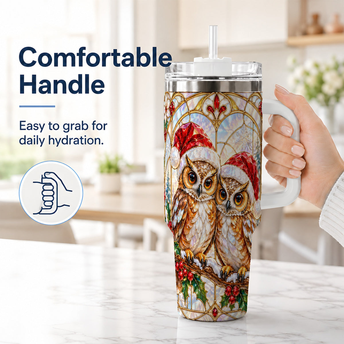 #pl[40oz|White] Stained Glass Owl Tumbler 40oz, Owl Tumbler, Stainless Steel Travel Cup