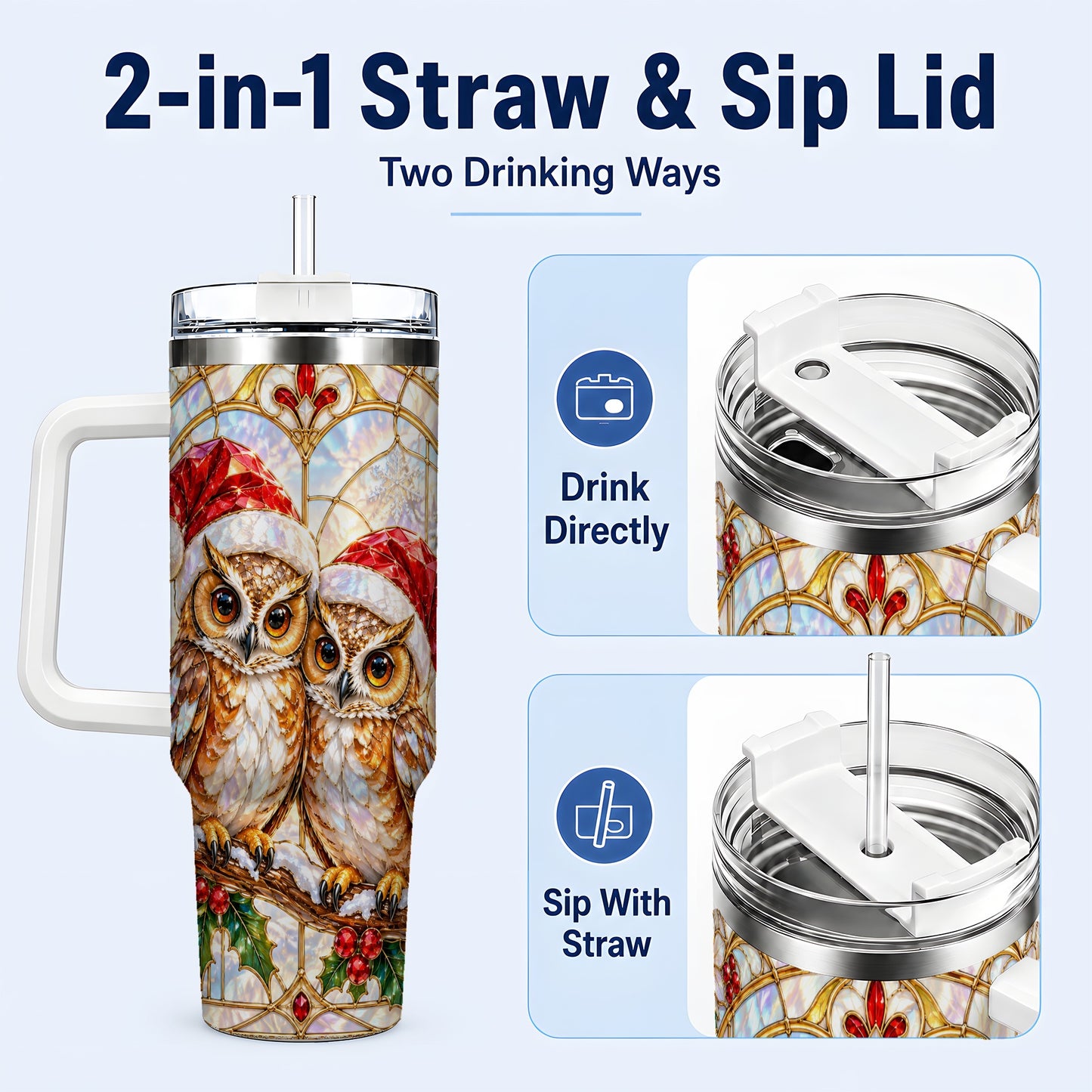 #pl[40oz|White] Stained Glass Owl Tumbler 40oz, Owl Tumbler, Stainless Steel Travel Cup