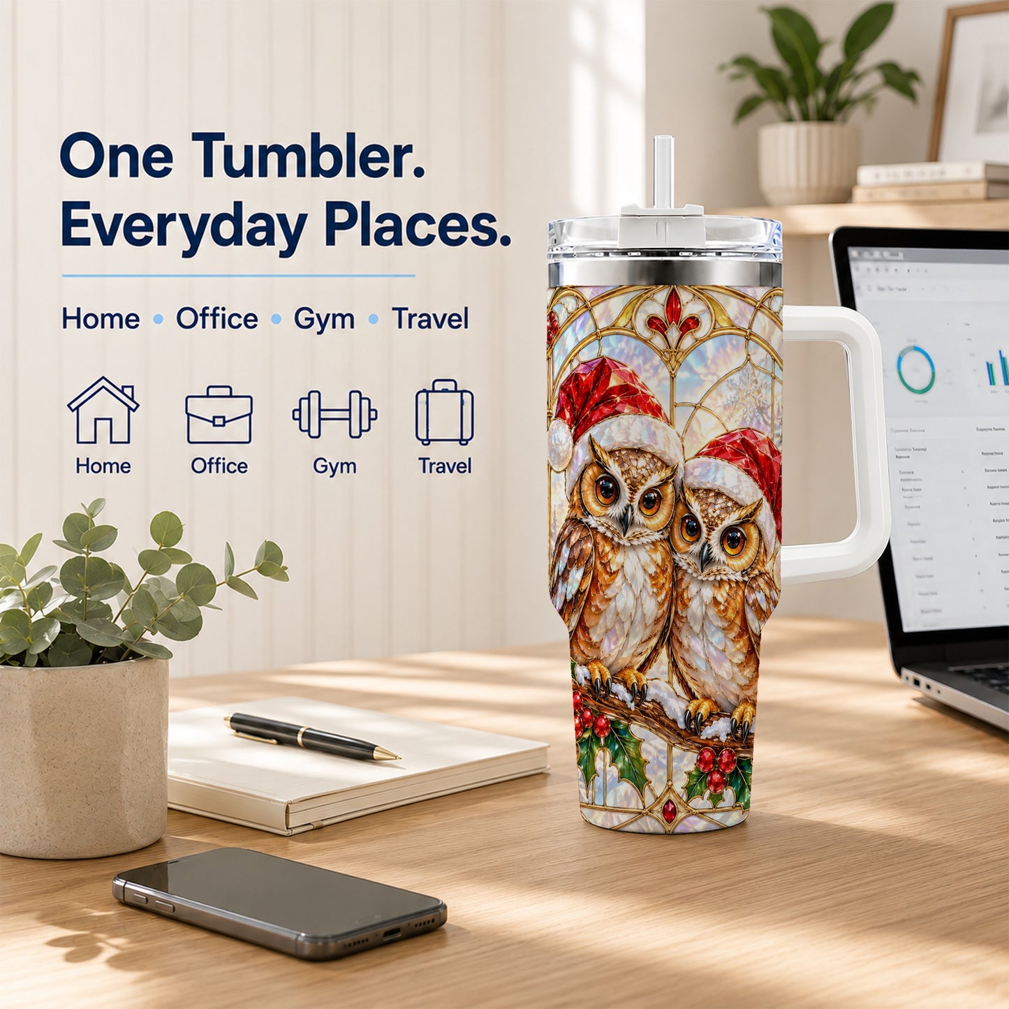 #pl[40oz|White] Stained Glass Owl Tumbler 40oz, Owl Tumbler, Stainless Steel Travel Cup