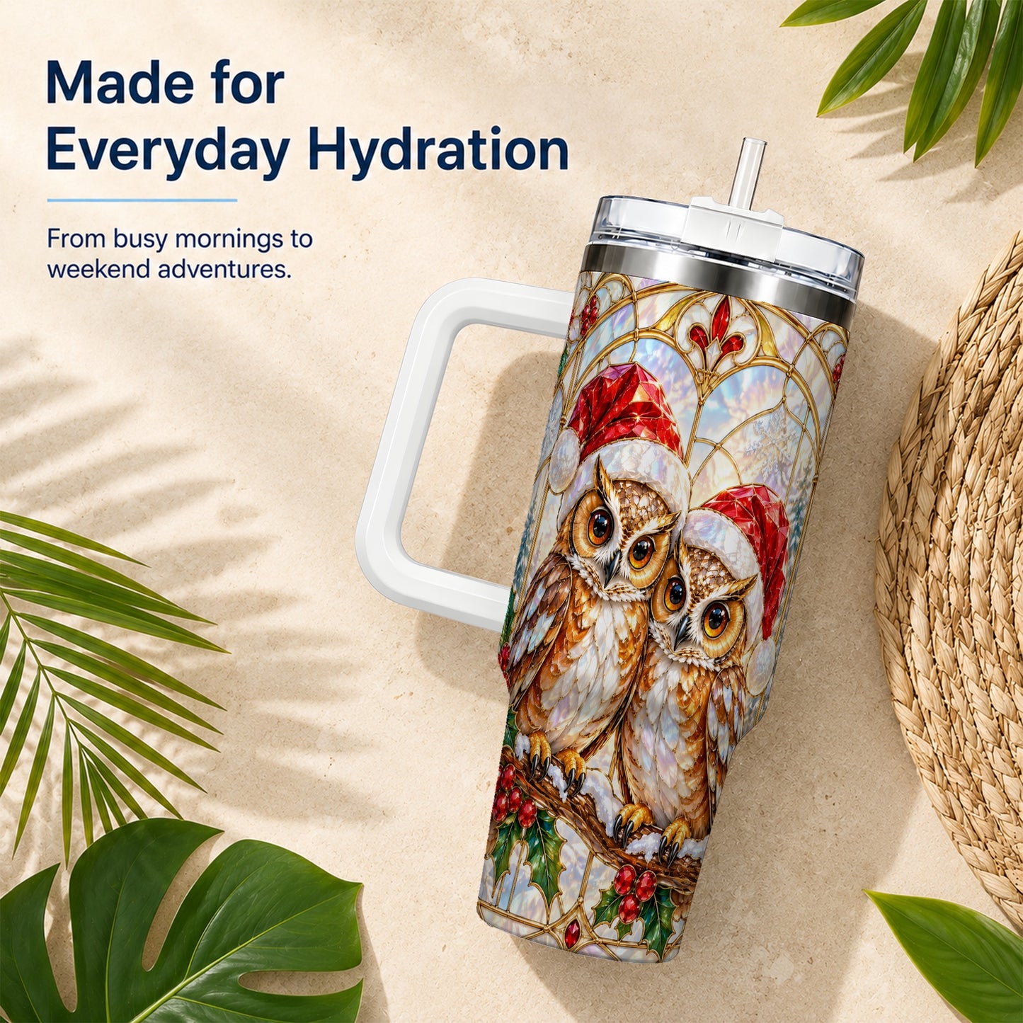 #pl[40oz|White] Stained Glass Owl Tumbler 40oz, Owl Tumbler, Stainless Steel Travel Cup