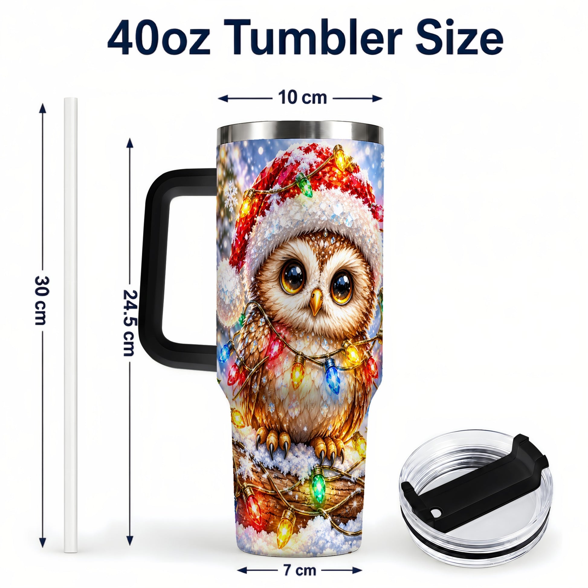 #pl[40oz|Black] Christmas Lights Owl Tumbler 40oz, Owl Tumbler, Stainless Steel Travel Cup