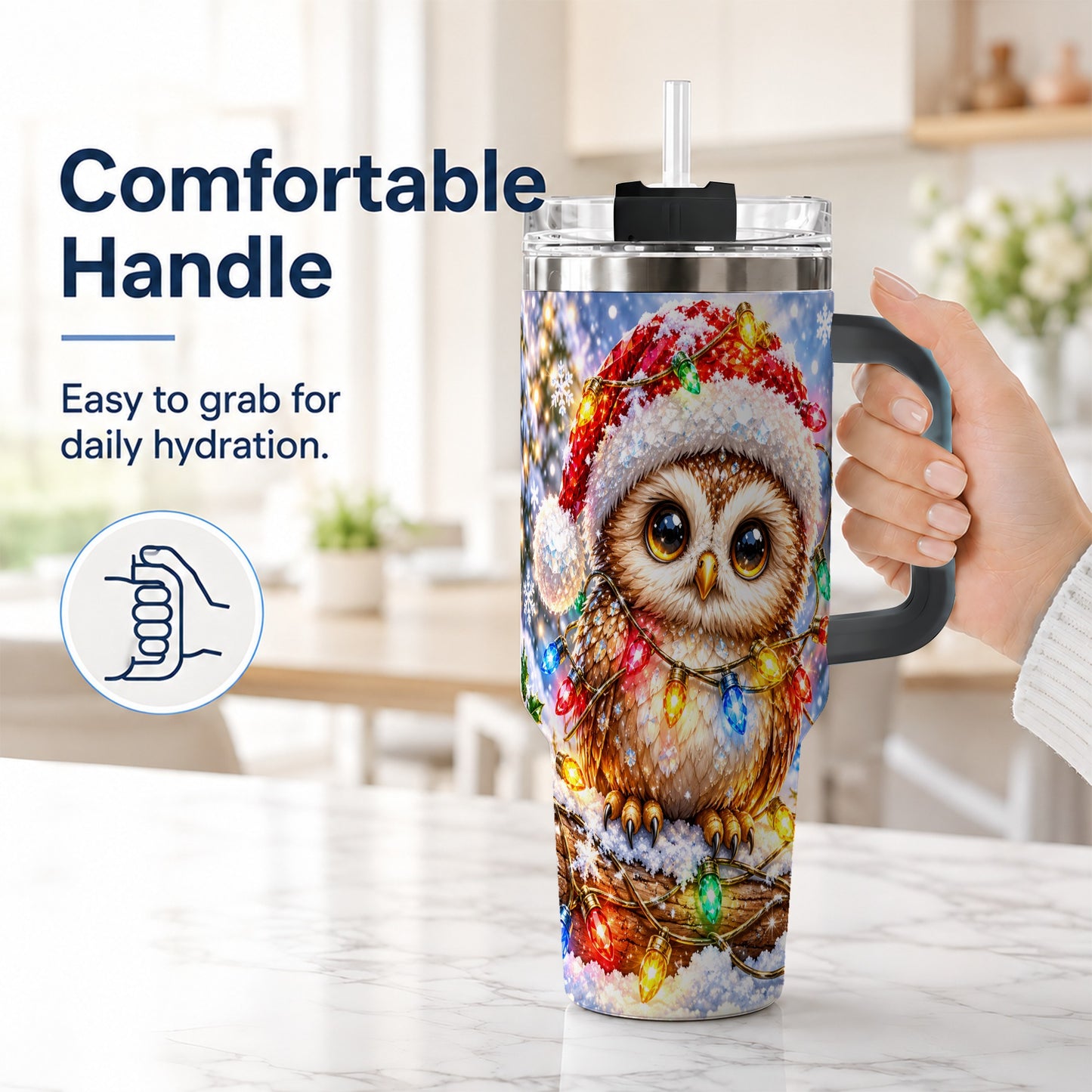 #pl[40oz|Black] Christmas Lights Owl Tumbler 40oz, Owl Tumbler, Stainless Steel Travel Cup