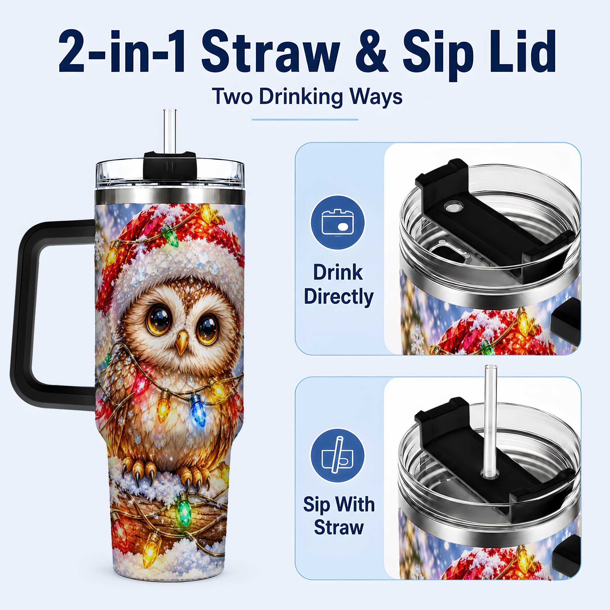 #pl[40oz|Black] Christmas Lights Owl Tumbler 40oz, Owl Tumbler, Stainless Steel Travel Cup
