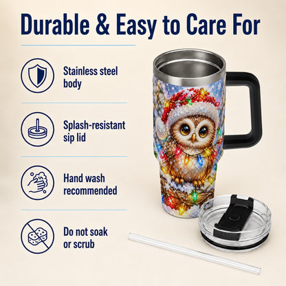 #pl[40oz|Black] Christmas Lights Owl Tumbler 40oz, Owl Tumbler, Stainless Steel Travel Cup