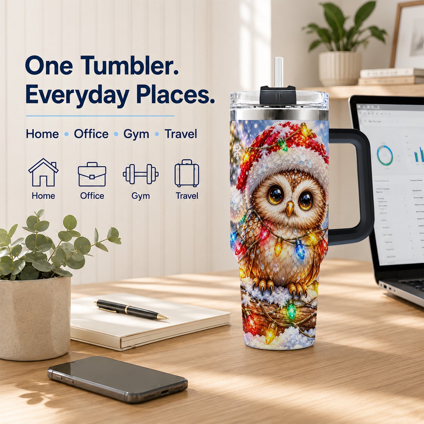 #pl[40oz|Black] Christmas Lights Owl Tumbler 40oz, Owl Tumbler, Stainless Steel Travel Cup