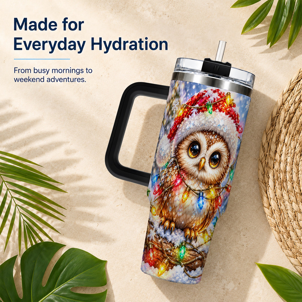 #pl[40oz|Black] Christmas Lights Owl Tumbler 40oz, Owl Tumbler, Stainless Steel Travel Cup