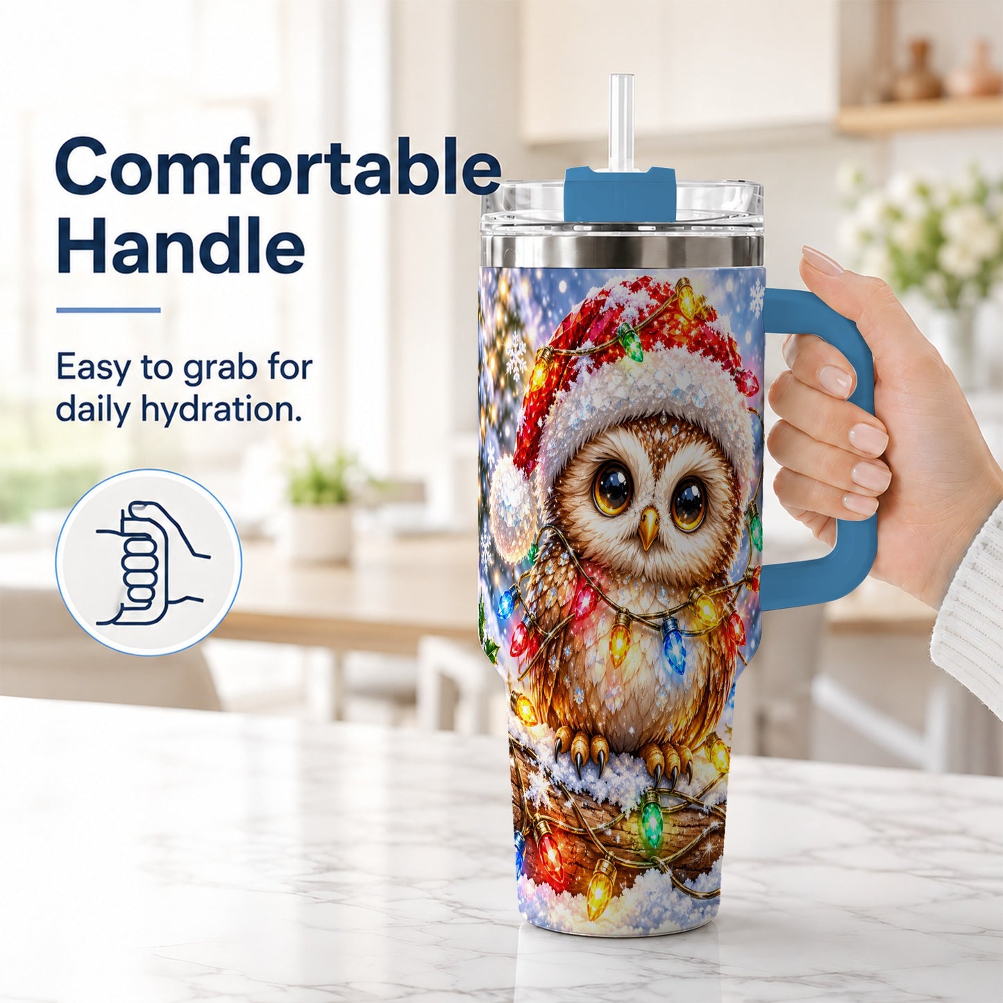 #pl[40oz|Blue] Christmas Lights Owl Tumbler 40oz, Owl Tumbler, Stainless Steel Travel Cup