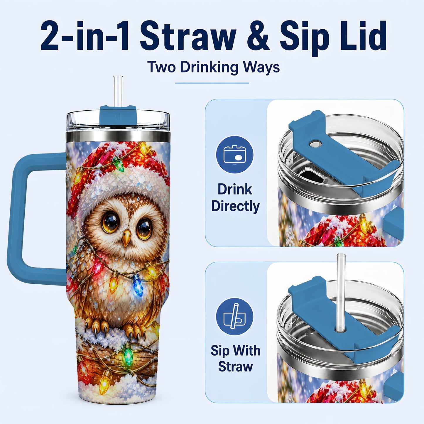 #pl[40oz|Blue] Christmas Lights Owl Tumbler 40oz, Owl Tumbler, Stainless Steel Travel Cup