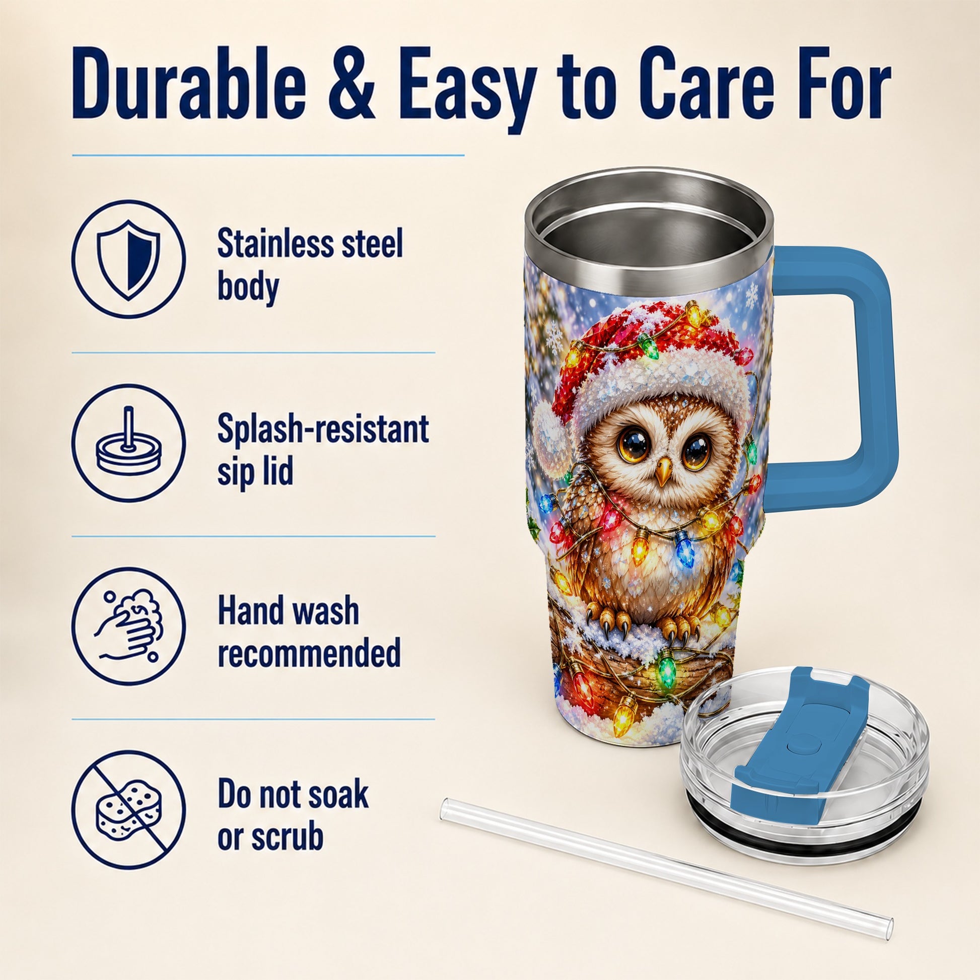 #pl[40oz|Blue] Christmas Lights Owl Tumbler 40oz, Owl Tumbler, Stainless Steel Travel Cup
