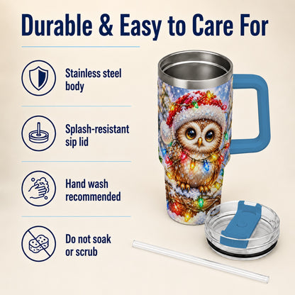 #pl[40oz|Blue] Christmas Lights Owl Tumbler 40oz, Owl Tumbler, Stainless Steel Travel Cup