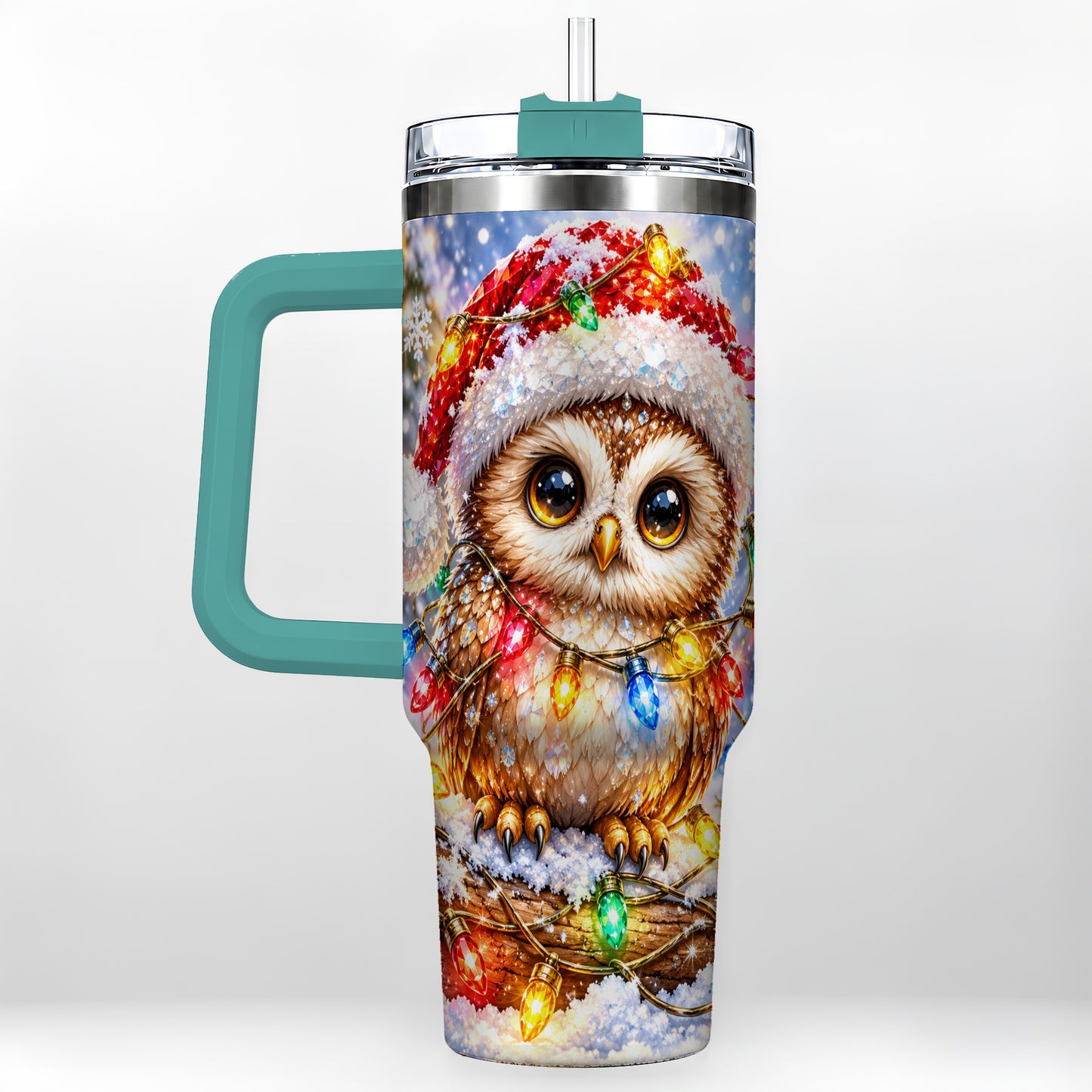 #pl[40oz|Green] Christmas Lights Owl Tumbler 40oz, Owl Tumbler, Stainless Steel Travel Cup