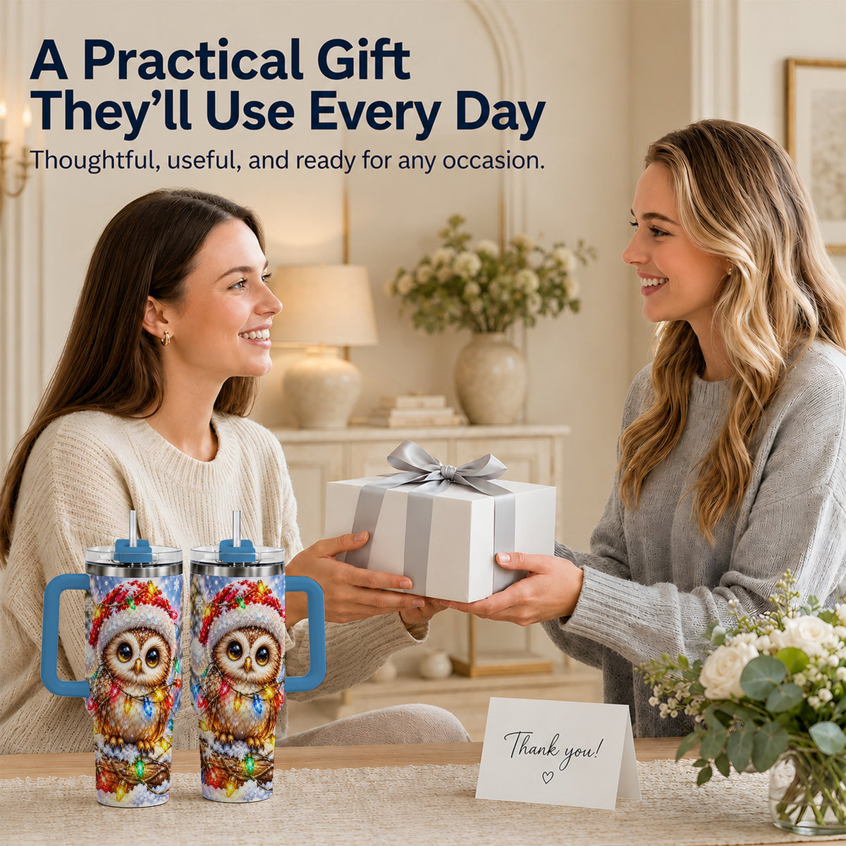 #pl[40oz|Blue] Christmas Lights Owl Tumbler 40oz, Owl Tumbler, Stainless Steel Travel Cup