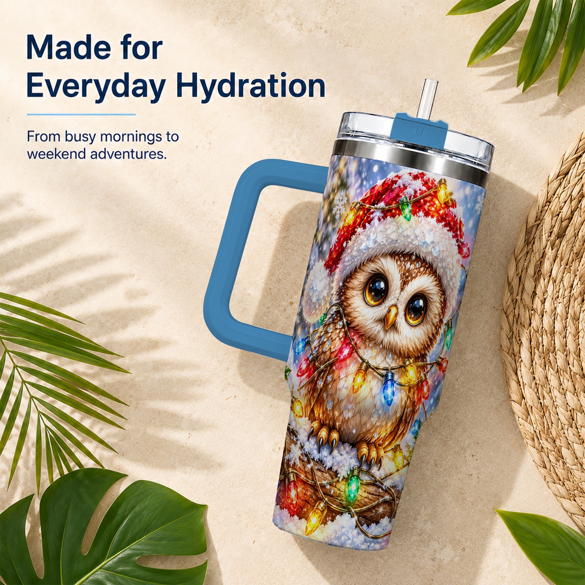 #pl[40oz|Blue] Christmas Lights Owl Tumbler 40oz, Owl Tumbler, Stainless Steel Travel Cup