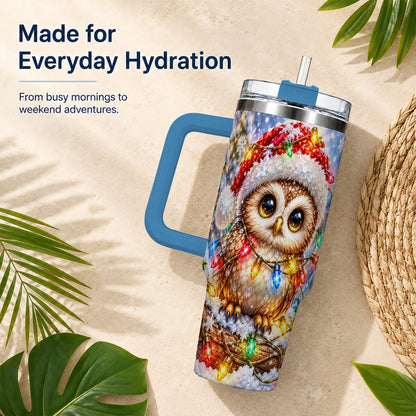 #pl[40oz|Blue] Christmas Lights Owl Tumbler 40oz, Owl Tumbler, Stainless Steel Travel Cup