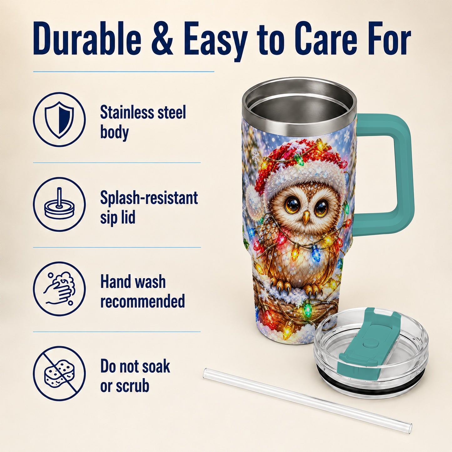 #pl[40oz|Green] Christmas Lights Owl Tumbler 40oz, Owl Tumbler, Stainless Steel Travel Cup